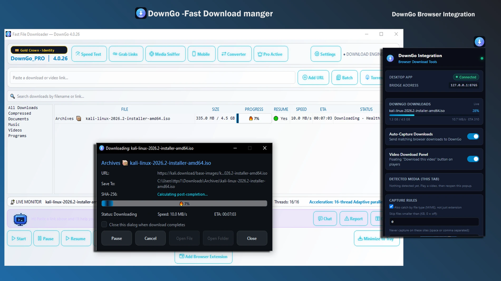 DownGo 4.0.26 desktop download manager alongside its browser integration popup