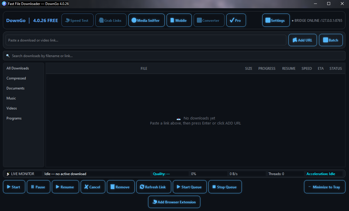 DownGo 4.0.26 download manager window showing its queue, categories, download controls, and live monitor